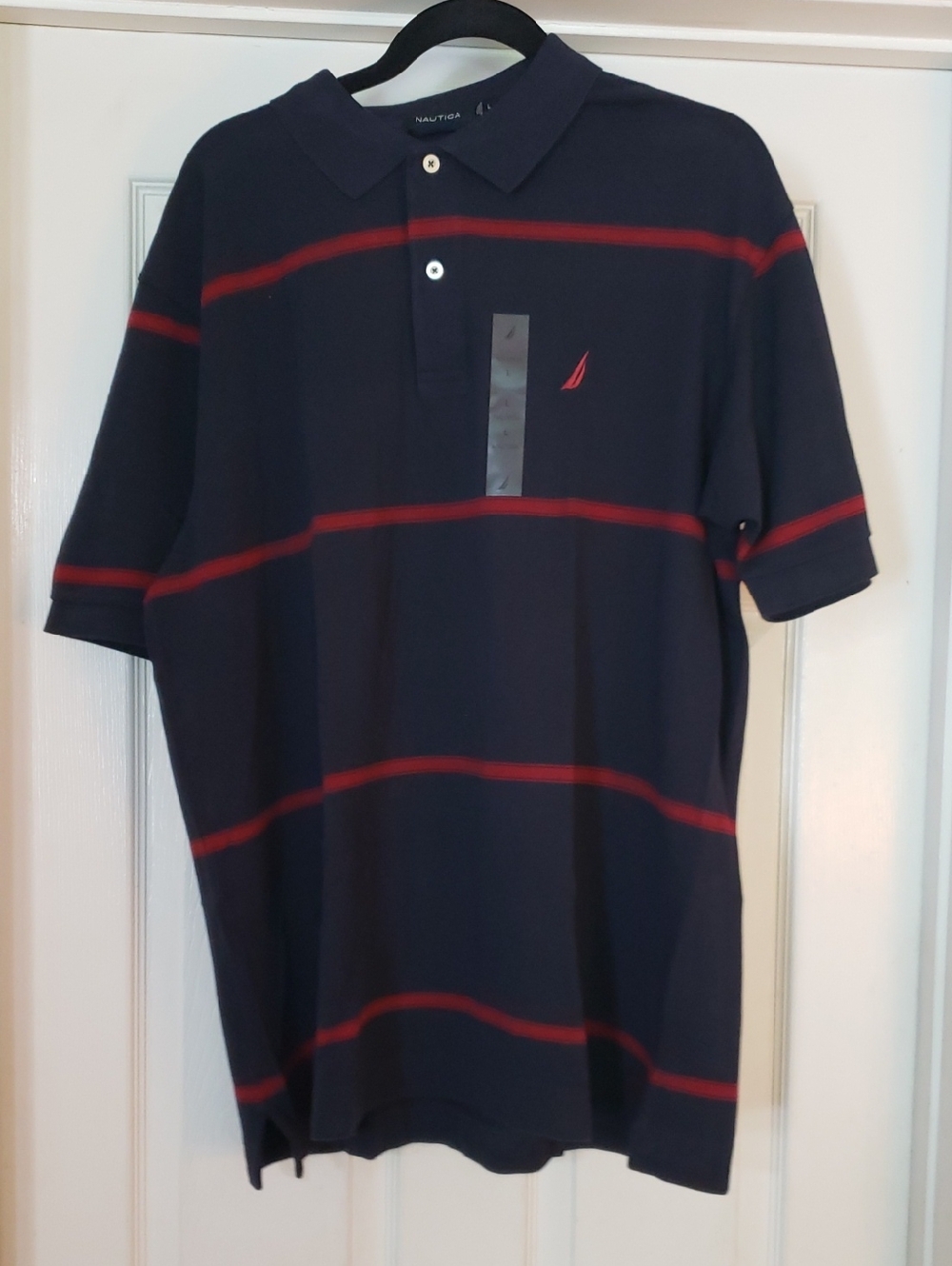 Nautica Men’s Navy Polo Shirt with Red Stripes Large